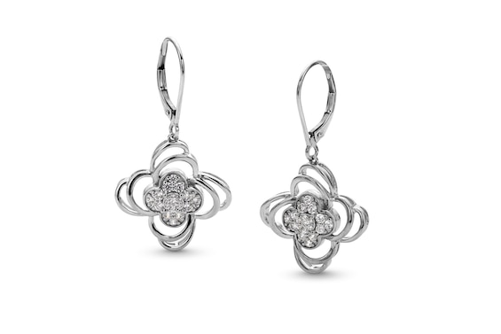 1/2 CT. T.w. Clover-Shaped Multi-Diamond Double Swirl Frame Drop Earrings in Sterling Silver