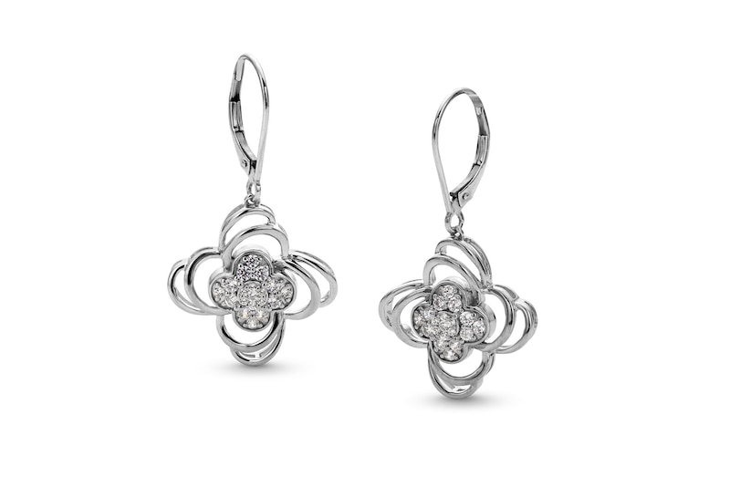 Main Image 1 of 1/2 CT. T.W. Clover-Shaped Multi-Diamond Double Swirl Frame Drop Earrings in Sterling Silver