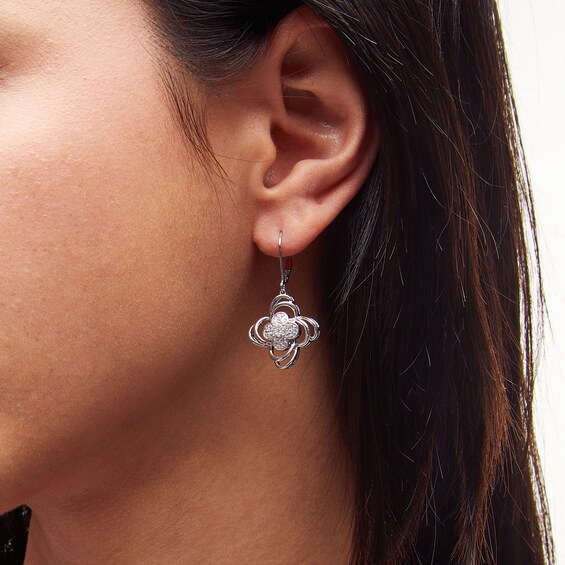 1/2 CT. T.w. Clover-Shaped Multi-Diamond Double Swirl Frame Drop Earrings in Sterling Silver