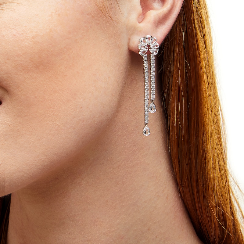 Main Image 2 of Pear-Shaped and Round White Lab-Created Sapphire Double Row Linear Drop Earrings in Sterling Silver