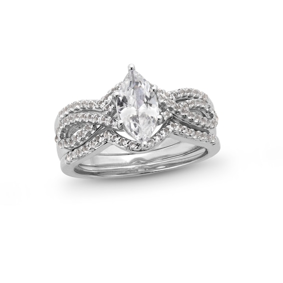 Marquise White Lab-Created Sapphire Twist Shank Three Piece Ring Set in Sterling Silver