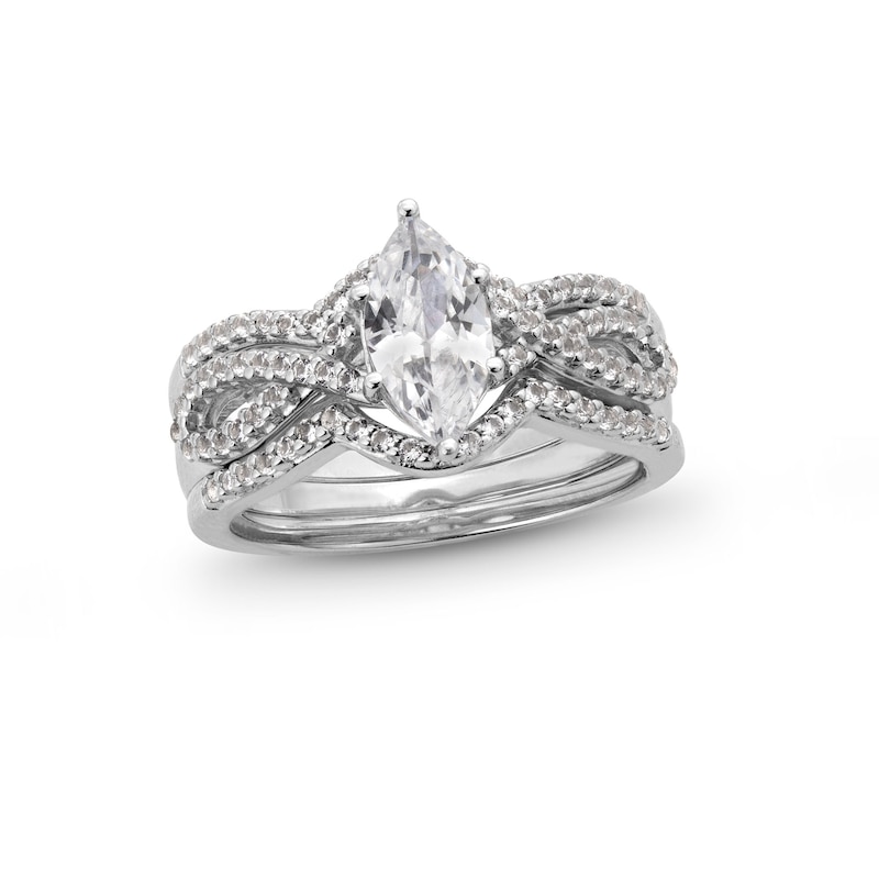 Main Image 1 of Marquise White Lab-Created Sapphire Twist Shank Three Piece Ring Set in Sterling Silver