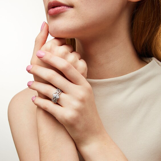 Marquise White Lab-Created Sapphire Twist Shank Three Piece Ring Set in Sterling Silver