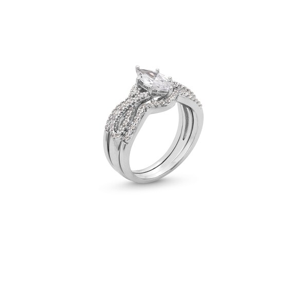 Marquise White Lab-Created Sapphire Twist Shank Three Piece Ring Set in Sterling Silver