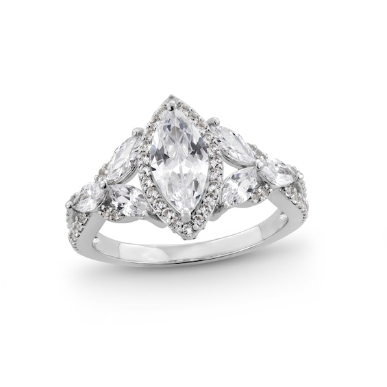Marquise White Lab-Created Sapphire Frame Leaf-Sides Ring in Sterling Silver