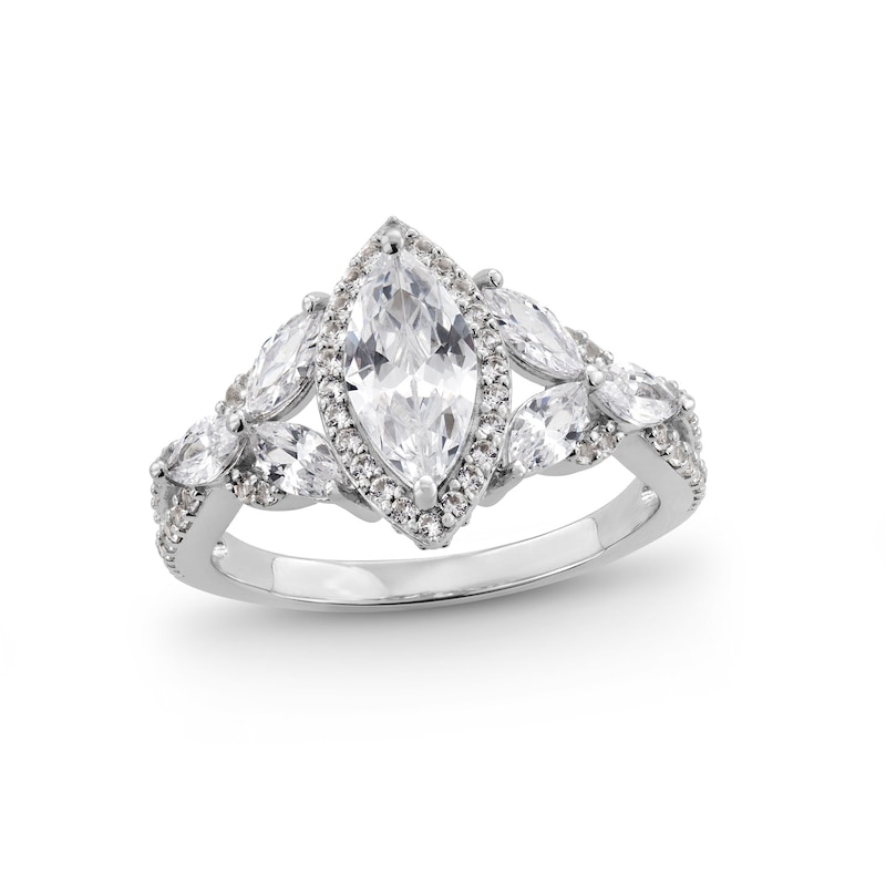 Main Image 1 of Marquise White Lab-Created Sapphire Frame Leaf-Sides Ring in Sterling Silver