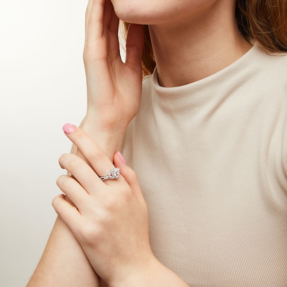 Marquise White Lab-Created Sapphire Frame Leaf-Sides Ring in Sterling Silver