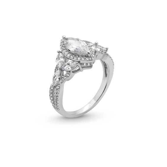 Marquise White Lab-Created Sapphire Frame Leaf-Sides Ring in Sterling Silver