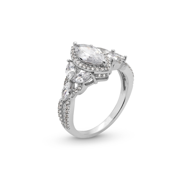 Main Image 3 of Marquise White Lab-Created Sapphire Frame Leaf-Sides Ring in Sterling Silver