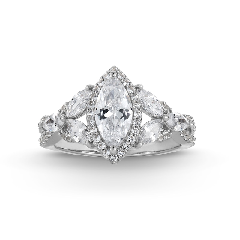 Main Image 4 of Marquise White Lab-Created Sapphire Frame Leaf-Sides Ring in Sterling Silver