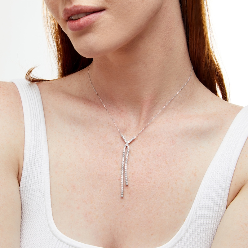 Main Image 2 of White Lab-Created Sapphire "X" Drop Necklace in Sterling Silver
