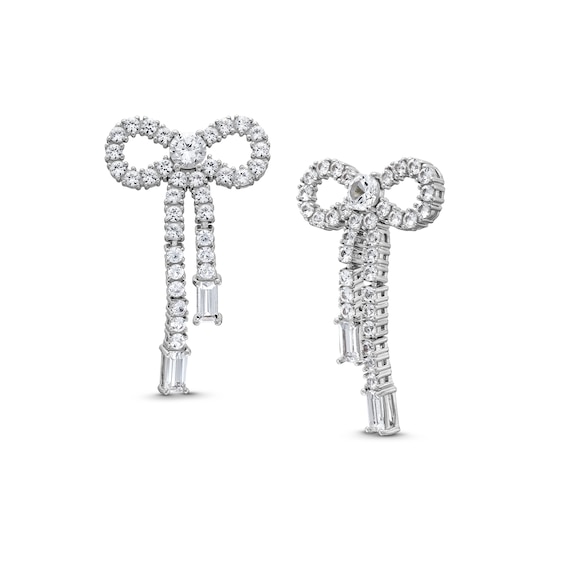 Baguette and Round White Lab-Created Sapphire Bow Drop Earrings in Sterling Silver