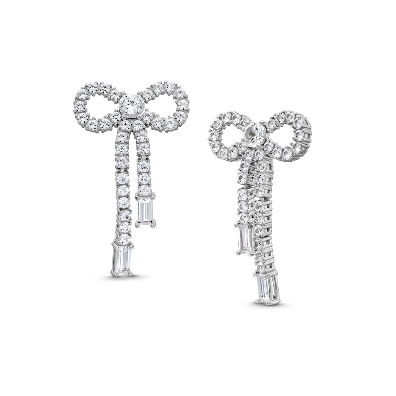 Main Image 1 of Baguette and Round White Lab-Created Sapphire Bow Drop Earrings in Sterling Silver