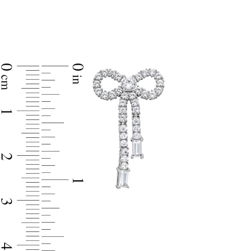 Main Image 3 of Baguette and Round White Lab-Created Sapphire Bow Drop Earrings in Sterling Silver