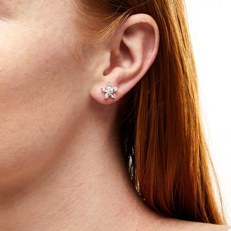 Main Image 2 of Marquise White Lab-Created Sapphire Flower Stud Earrings in Sterling Silver