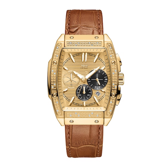 Menâs JBW Echelon 1/8 CT. T.w. Certified Diamond Chronograph Leather Strap Watch with Gold-Tone Tonneau Dial (Model: J6379F)