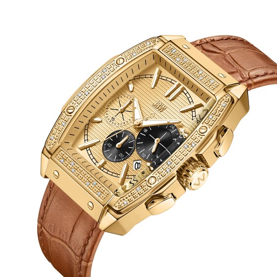 Menâs JBW Echelon 1/8 CT. T.w. Certified Diamond Chronograph Leather Strap Watch with Gold-Tone Tonneau Dial (Model: J6379F)