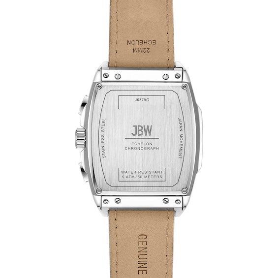 Men’s JBW Echelon 1/8 CT. T.w. Certified Diamond Chronograph Leather Strap Watch with Silver-Tone Tonneau Dial (Model: J6379G)