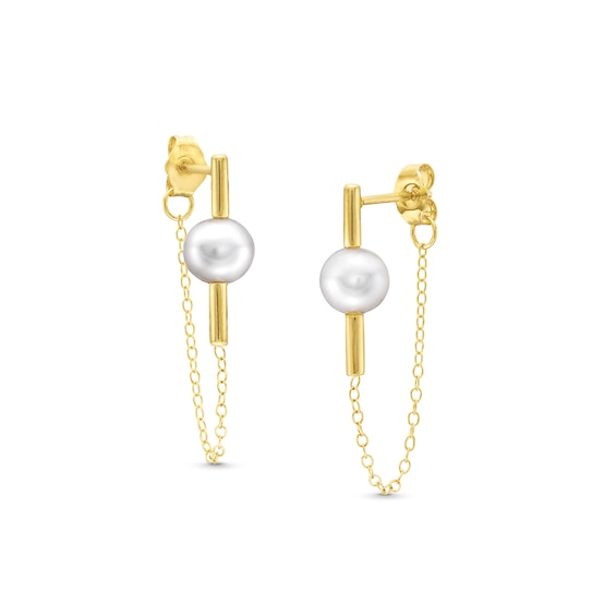 6.5-7.0mm Freshwater Cultured Pearl Rolo Chain Drop Front/Back Earrings in Sterling Silver with 18K Gold Plate