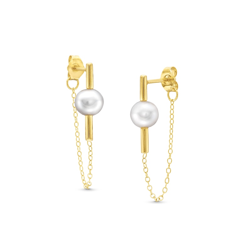 Main Image 1 of 6.5-7.0mm Freshwater Cultured Pearl Rolo Chain Drop Front/Back Earrings in Sterling Silver with 18K Gold Plate