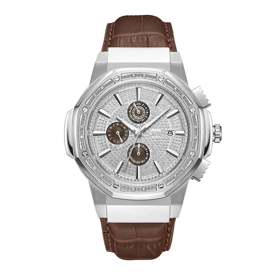 Men's JBW Saxon 1/15 CT. T.w. Certified Diamond Chronograph Leather Strap Watch with Silver-Tone Dial (Model: Jb-6101L-Q)