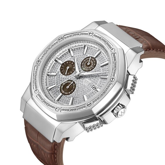 Men's JBW Saxon 1/15 CT. T.w. Certified Diamond Chronograph Leather Strap Watch with Silver-Tone Dial (Model: Jb-6101L-Q)