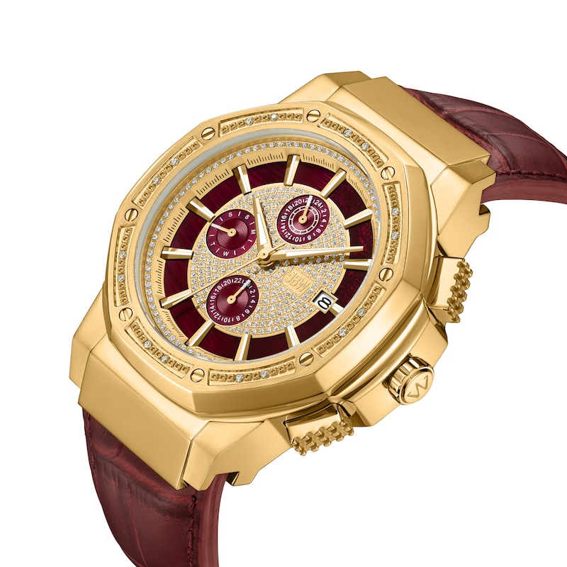Main Image 2 of Men’s JBW Saxon 1/15 CT. T.W. Certified Diamond 18K Gold Plate Chronograph Strap Watch with Gold-Tone Dial (Model: JB-6101L-R)