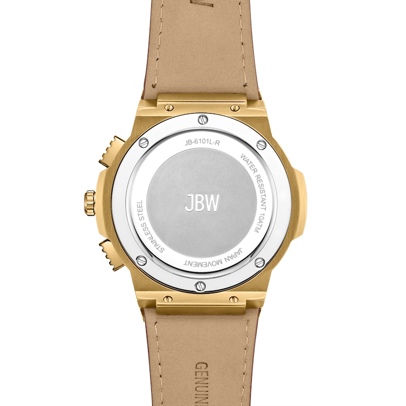 Main Image 3 of Men’s JBW Saxon 1/15 CT. T.W. Certified Diamond 18K Gold Plate Chronograph Strap Watch with Gold-Tone Dial (Model: JB-6101L-R)