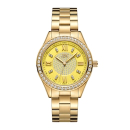Ladies’ JBW Mondrian 34 1/15 CT. T.W. Certified Diamond and Crystal Accent 18K Gold Plate Watch with Yellow Dial (Model: J6388D)