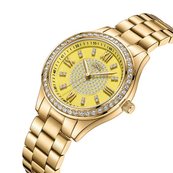 Ladies’ JBW Mondrian 34 1/15 CT. T.w. Certified Diamond and Crystal Accent 18K Gold Plate Watch with Yellow Dial (Model: J6388D)