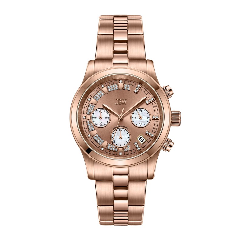 Ladies’ JBW Muse 1/10 CT. T.W. Diamond Rose Gold Plate Chronograph Watch with Mother-of-Pearl Dial (Model: JB-6217-L)