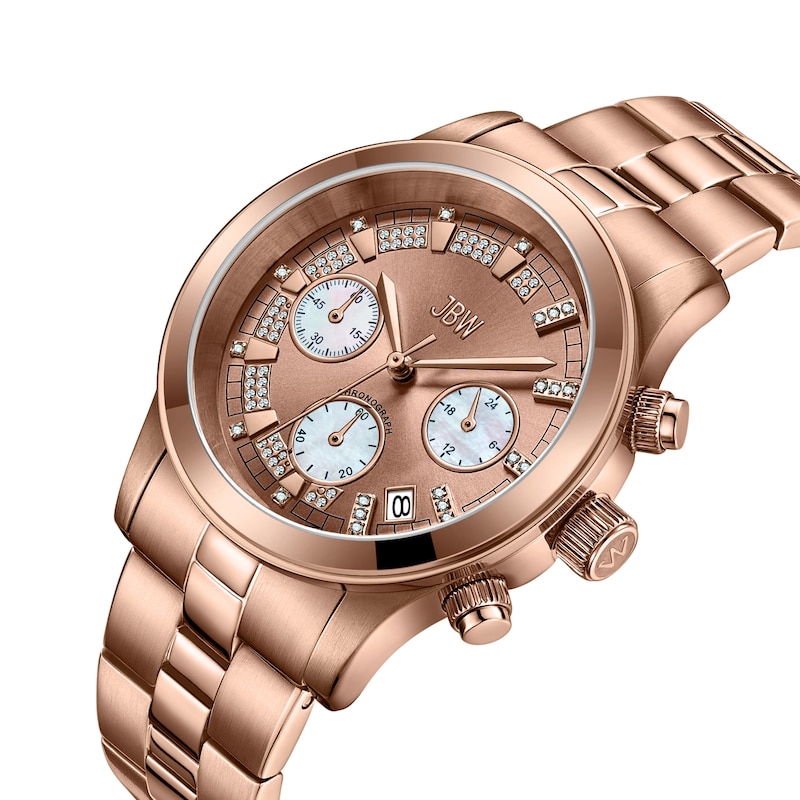 Ladies’ JBW Muse 1/10 CT. T.W. Diamond Rose Gold Plate Chronograph Watch with Mother-of-Pearl Dial (Model: JB-6217-L)