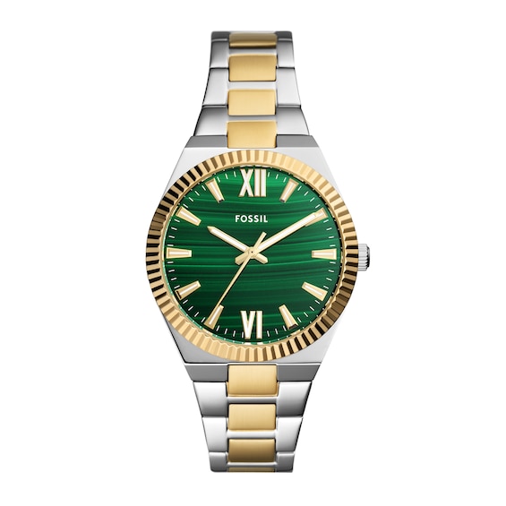 Ladiesâ Fossil Scarlette Two-Tone IP Watch with Genuine Malachite Dial (Model: Es5334)