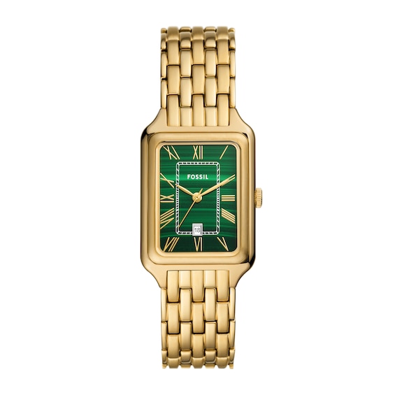 Ladiesâ Fossil Raquel Gold-Tone IP Watch with Rectangular Malachite Dial (Model: Es5341)