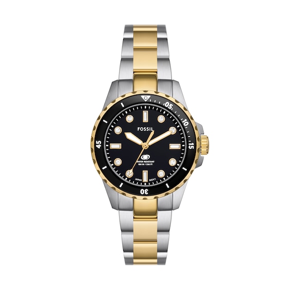 Ladiesâ Fossil Blue Dive Crystal Accent Two-Tone IP Watch with Black Dial (Model: Es5349)