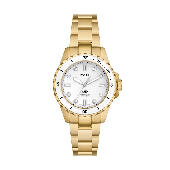 Ladiesâ Fossil Blue Dive Crystal Accent Gold-Tone IP Watch with White Dial (Model: Es5350)