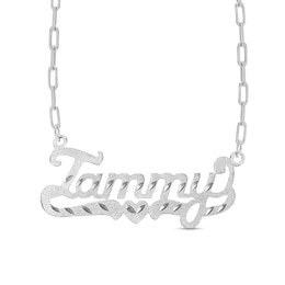 Diamond-Cut and Satin Script Name with Heart Ribbon Paper Clip Chain Necklace in Sterling Silver (1 Line)
