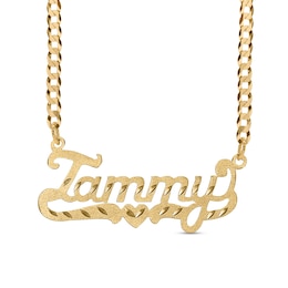 Diamond-Cut and Satin Name with Heart Ribbon Curb Chain Necklace in Sterling Silver with 14K Gold Plate (1 Line)