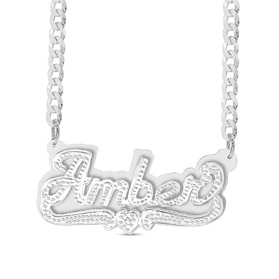 Diamond Accent Script Name Plate with Heart Ribbon Curb Chain Necklace in Sterling Silver (1 Line)