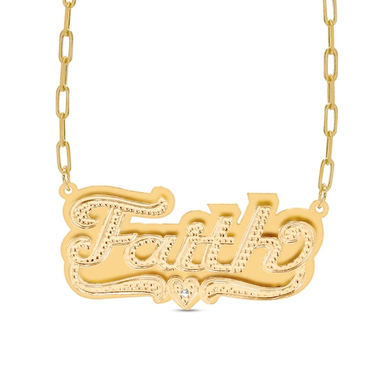 Diamond Accent Name Plate with Heart Ribbon Paper Clip Chain Necklace in Sterling Silver with 14K Gold Plate (1 Line)