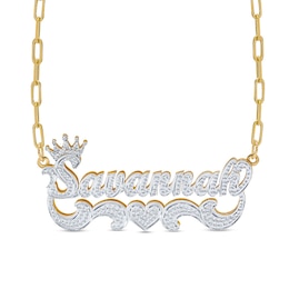 Hammered Crown Name with Scrollwork Paper Clip Chain Necklace in Sterling Silver and 14K Gold Plate (1 Line)