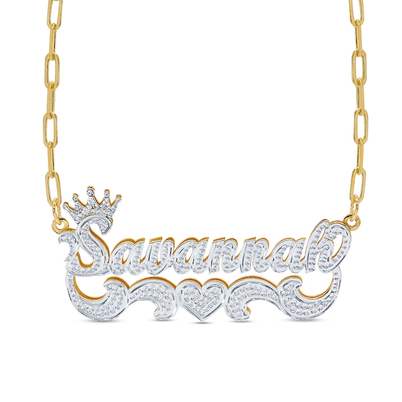 Main Image 1 of Hammered Crown Name with Scrollwork Paper Clip Chain Necklace in Sterling Silver and 14K Gold Plate (1 Line)