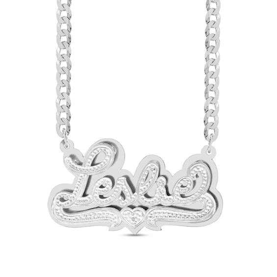 Diamond Accent Hammered Script Name Plate with Heart Ribbon Curb Chain Necklace in Sterling Silver (1 Line)