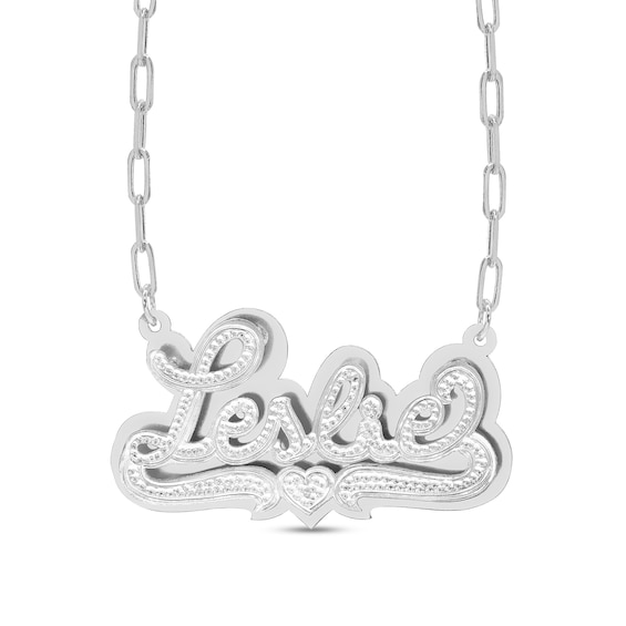 Diamond Accent Hammered Script Name Plate with Heart Ribbon Paper Clip Chain Necklace in Sterling Silver (1 Line)