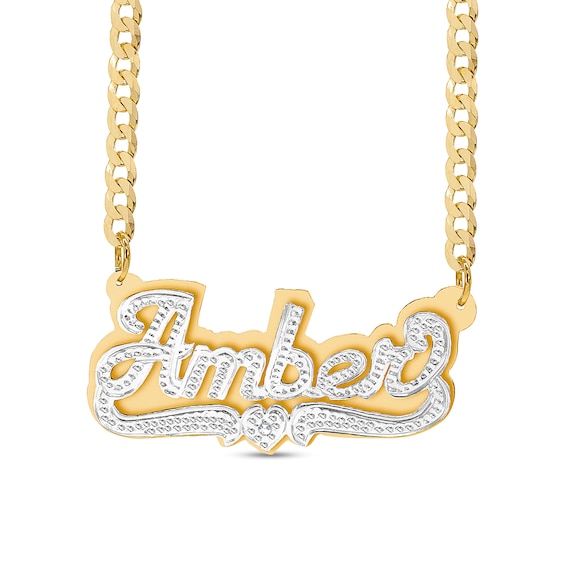 Diamond Accent Name Plate with Heart Ribbon Curb Chain Necklace in Sterling Silver and 14K Gold Plate (1 Line)
