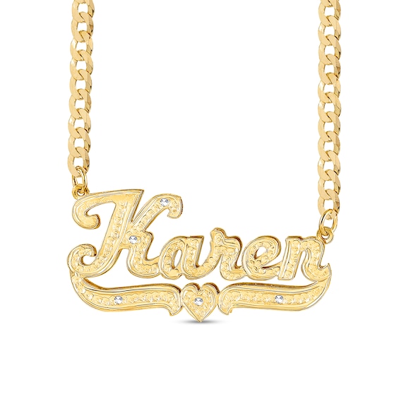 1/15 CT. T.w. Diamond Hammered Name Heart Ribbon Curb Chain Necklace in Sterling Silver with 14K Gold Plate (1 Line)