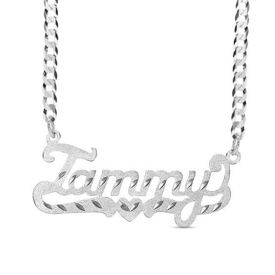 Diamond-Cut and Satin Script Name with Heart Ribbon Curb Chain Necklace in Sterling Silver (1 Line)