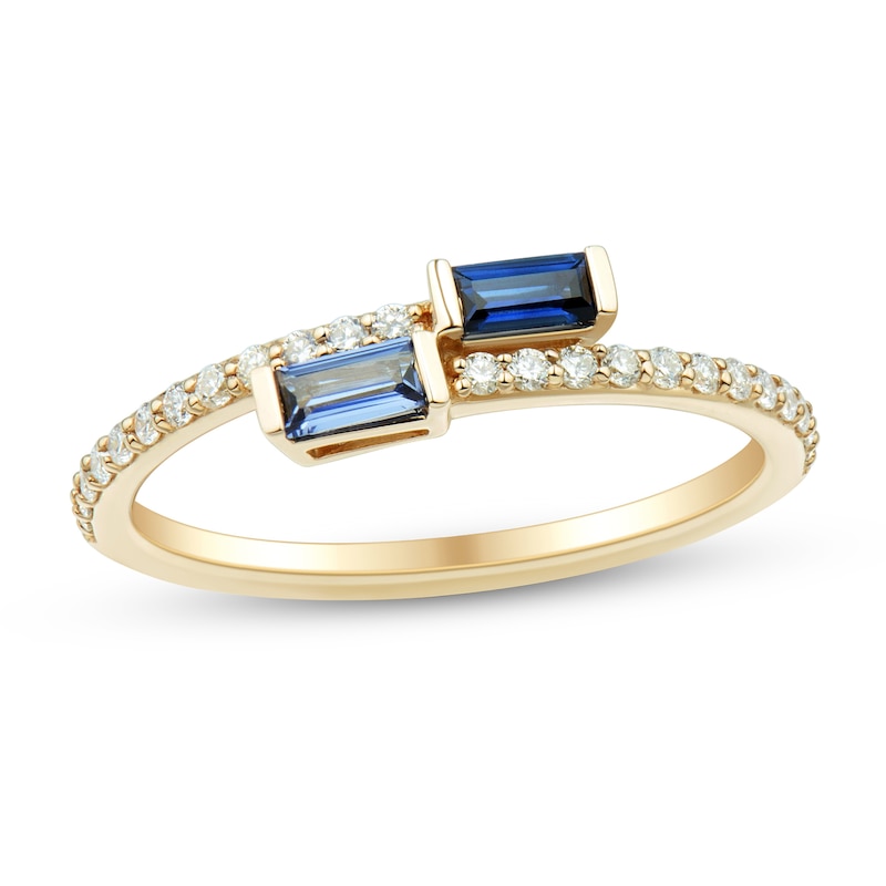 Main Image 1 of Baguette Ceylon Blue and White Lab-Created Sapphire Bypass Shank Ring in 10K Gold