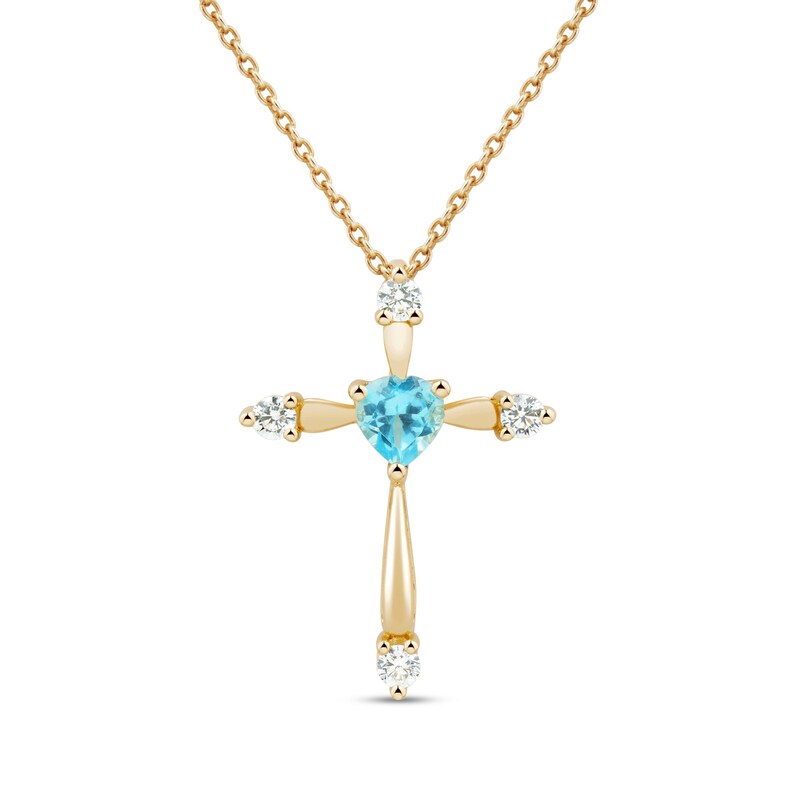 Main Image 1 of 4.0mm Heart-Shaped Swiss Blue Topaz and White Lab-Created Sapphire Cross Pendant in 10K Gold
