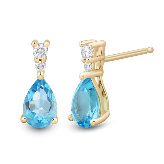 Pear-Shaped Swiss Blue Topaz and White Lab-Created Sapphire Drop Earrings in 10K Gold